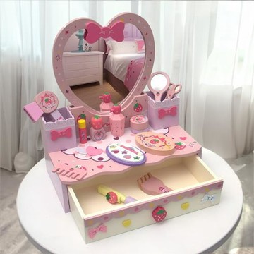 CUCI化妝+美發愛心梳妝臺木制桌面仿真兒童過家家女孩化妝鏡益智