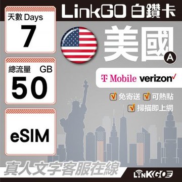 LinkGO白鑽卡 美國A eSIM卡 7天上網卡 總流量50GB  高速流量(美國網卡 舊金山 洛杉磯 紐約 西雅圖)
