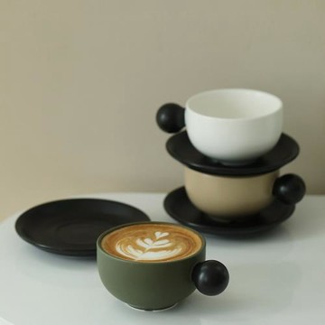 小球手柄咖啡杯 拼色大口拉花杯帶碟 中古居家咖啡角陶瓷杯300ml