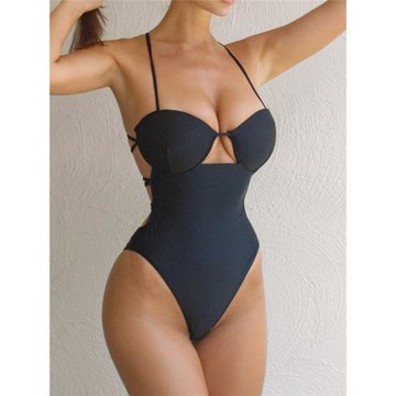 跨境ins純色鋼托聚攏硬包連體泳裝露背綁帶高級感性感溫泉泳衣女