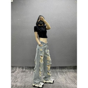 帥氣前后破洞設計休閑牛仔褲女夏新款高腰寬松顯瘦百搭直筒闊腿褲
