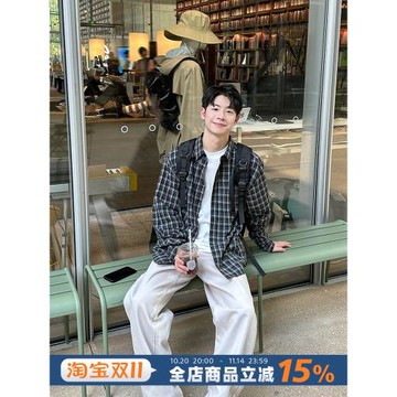 黑格子長袖襯衫男生休閑寬松襯衣慵懶風垂感春秋季韓版上衣外套