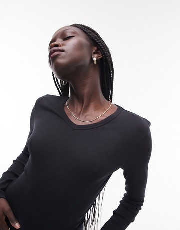 Topshop slim v neck long sleeve top in black