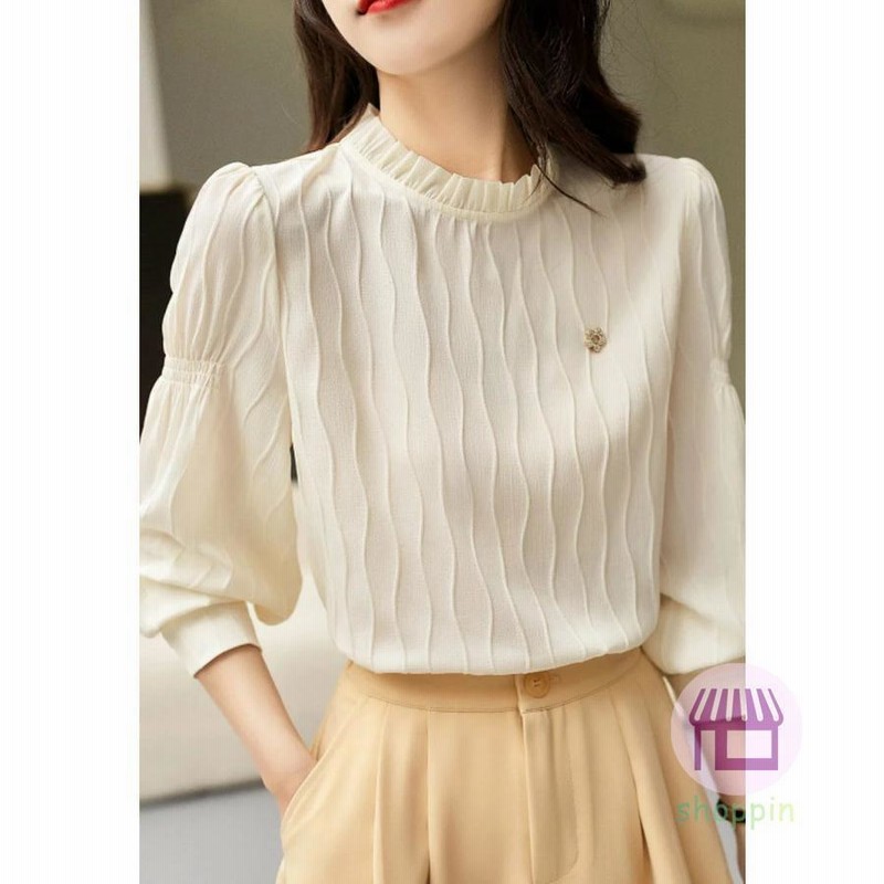 スタンドカラー　長袖チェニック　ブラウス　シャーリング　フリル　グリーン