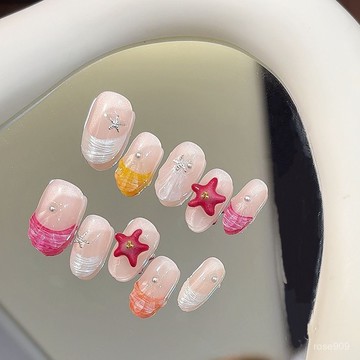 ✨Hannah✨純手工【粉海礁】可愛立體海星貝殻紋暈染法式裸色夏天海邊穿戴甲精緻穿戴甲 RPKJ