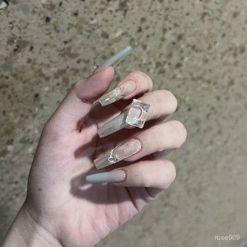 ✨Hannah✨【薄荷方塊】國風彩繪氛圍感高級冰透鑽飾漸變美甲顯白手工穿戴甲精緻穿戴甲 FJDH