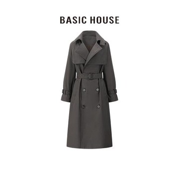 百家好/Basic House翻領長款風衣女寬松高級感2024年休閑大衣外套