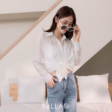 【早春新品】BeLLA 花印透膚襯衫上衣 白色