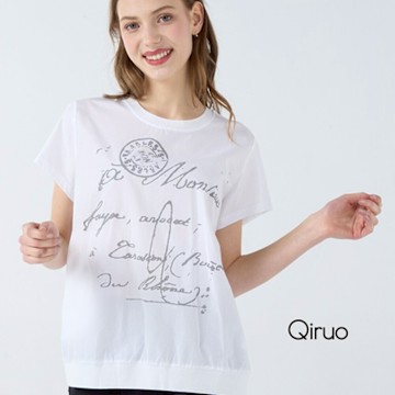 Qiruo 奇若春夏專櫃白色上衣3238A 胸前英文草書