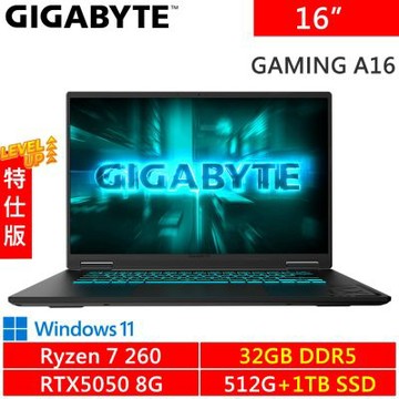 技嘉 GAMING A16 3THK3TW893SH-SP5 16吋 黑(AMD Ryzen 7 260/16G+16G/512G +1TB SSD/RTX5050 8G/W11)特仕機