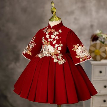 女童寶寶周歲禮服酒紅色花童洋氣長袖唐裝拜年服公主裙加厚秋冬
