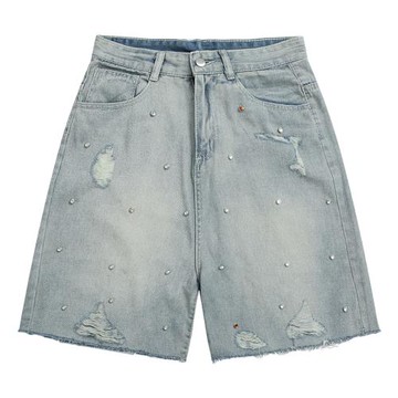 BMOB美式破洞毛邊做舊牛仔短褲男女夏季設計感小眾直筒闊腿五分褲