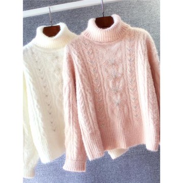 重工釘珠仿貂毛寬松顯瘦短款麻花紋打底針織衫女冬新加厚高領毛衣