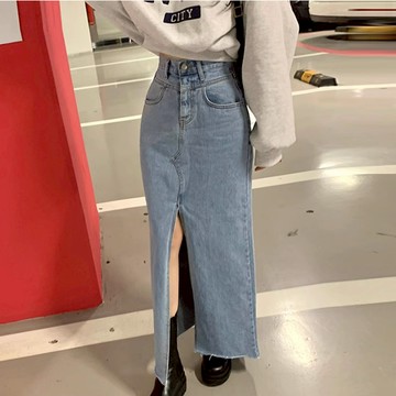 【太妮絲F307】現貨 韓系 牛仔長裙 洋氣 高腰 一粒釦 前開岔 設計感 長款 牛仔裙長裙 長裙 開叉裙 牛仔裙