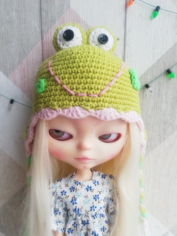 Blythe 帽子鉤針綠色青蛙