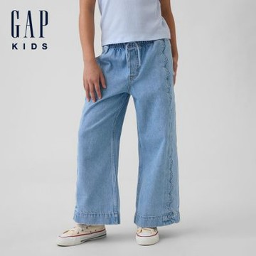【GAP】兒童高腰易穿闊腿九分牛仔褲-淺色水洗(881363)