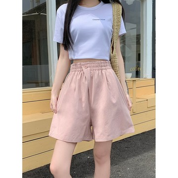 SY韓版夏季外穿寬鬆闊腿褲運動直筒短褲女夏季薄款高腰一粒扣A字褲休閒鬆緊腰五分褲