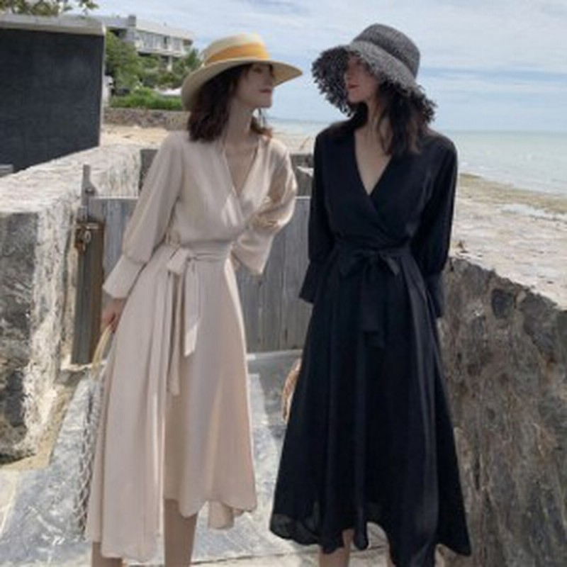 黒 ワンピース レディース Aラインワンピース Vネック 長袖 リゾートワンピース ミモレ丈 ベージュ 無地 おしゃれ ロングワンピース 通販 Lineポイント最大1 0 Get Lineショッピング