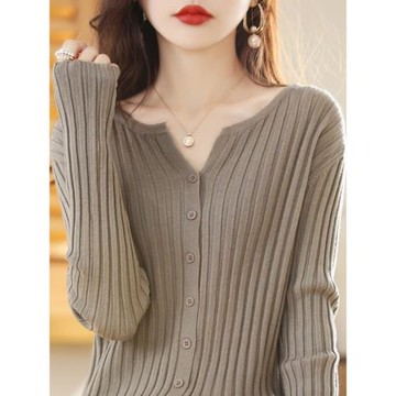 圓領羊毛針織開衫女2025年春秋季新款寬松顯瘦毛衣外套長袖打底衫