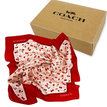 COACH 經典LOGO 100%蠶絲絲巾方巾領巾圍巾(櫻桃/紅)