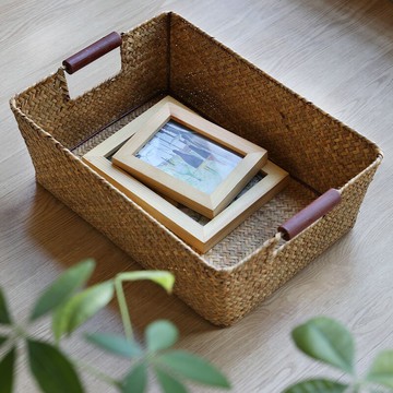 海草木把抽屜收納筐竹編大號整理筐儲物籃雜物草編藤編筐家居竹籃