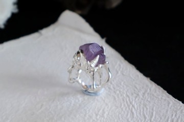 原石美 990銀紫水晶原石紫晶礦石純銀開口戒指