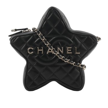 CHANEL 24C 金色標誌菱格紋小羊皮星星包(黑色)