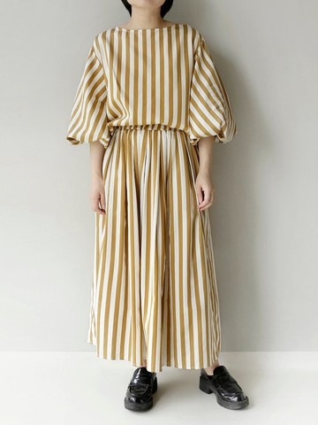 高級Chill  金茶色條紋真絲棉混紡 泡泡袖前端後長設計上衣