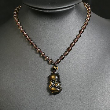 黑曜石狐貍吊墜女天然水晶狐仙毛衣鏈比翼增情掛件長款復古風項鏈1入