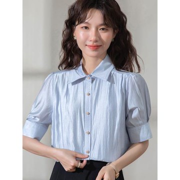 法式天絲泡泡袖藍色襯衫女短袖2025夏季新款通勤職業面試薄款上衣