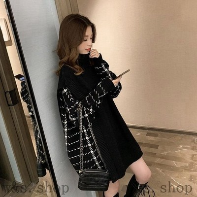 ニットセーター レディース 秋冬 長袖トップス チェック柄切り替えニットワンピース ハイネック ゆったりセーター ミディアム丈ニット プルオーバー 40代 通販 Lineポイント最大get Lineショッピング