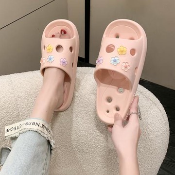 清新可愛小花花涼拖鞋女夏季居家速干防滑浴室漏水拖鞋軟底一字拖