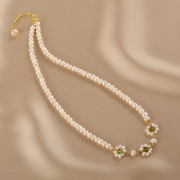 天然珍珠項鏈套裝小眾設計橄欖石鎖骨鏈法式復古小花朵手鏈手飾女