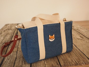 手工縫製托特側肩包帆布小手袋 牛仔布可愛柴犬刺繡 可拆調