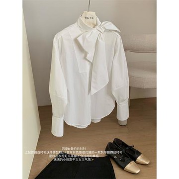 優雅大小姐英倫風設計白色飄帶蝴蝶結襯衫女顯瘦春季寬松長袖襯衣