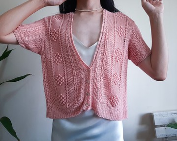 XL碼 - 70年代復古亞麻開襟衫 蜜桃色手工針織 紐帶短袖上衣