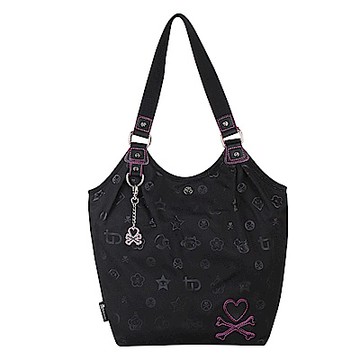 TOKIDOKI 經典粉紅車線LOGO反光銀風格尼龍銀扣肩背包(黑)