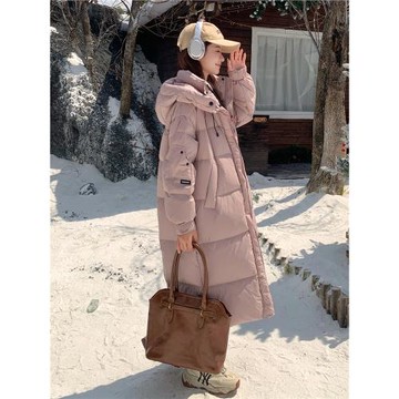 學院風粉色羽絨服女冬新款韓版寬松加厚中長款連帽減齡白鴨絨外套