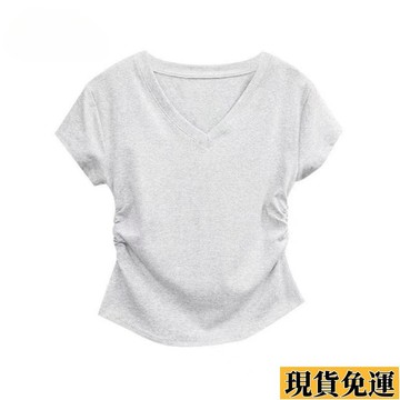 【台灣出貨】 【3.3萬人收藏】夏季正肩 v領抽褶百搭短袖T恤女修身顯瘦辣妹設計短款不規則上衣
