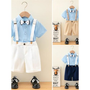 兒童禮服夏季短袖襯衫背帶短褲套裝男童生日花童六一活動演出服