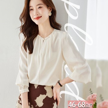 緞面單色圓領盤釦壓摺燈籠袖上衣 M-XL【032478X】【現+預】☆流行前線☆