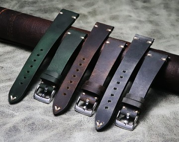 優樂悅~手工21mm22mm真皮20mm*16mm探險蠔式水鬼復古綠色瘋馬皮快拆表帶