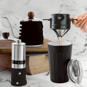 棱角保溫杯咖啡四件組(棱角保溫杯460ml-共3色/不鏽鋼磨芯咖啡磨2.0/咖啡濾網/咖啡壺-共2色) 棱角杯-銀/咖啡壺-黑