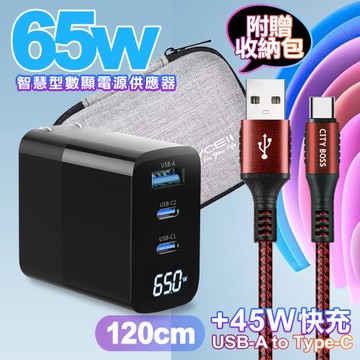 MYCELL 65W氮化鎵GDK55T 黑色+勇固線耐彎折編織線USB-Type-C-120cm