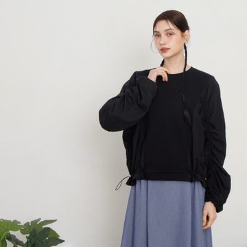 【MASTINA】下襬抽繩可調節皺皺長袖上衣 黑(魅力商品)