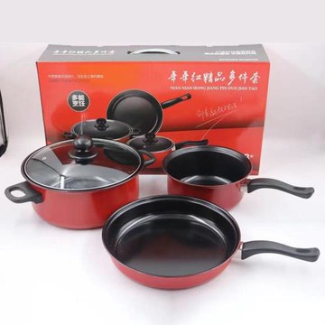 套裝鍋平底鍋三件套鍋具年年紅不粘禮品鍋廠家直供吉祥紅多件套鍋