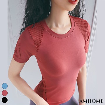【Amhome】顯瘦緊身健身鏤空透氣彈力運動上衣# 112653(現貨+預購)