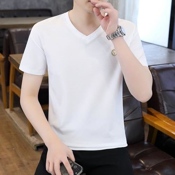 v領冰絲短袖t恤男夏季簡約休閑白色冰絲速干半袖上衣雞心領體恤男