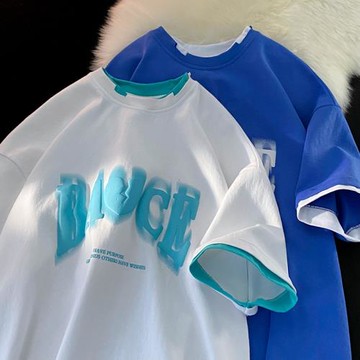 短袖t恤男夏季ins潮牌青少年半袖寬松roora情侶裝重磅假兩件衣服