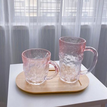 帶把手冰川紋玻璃杯ins風磨砂漸變粉喝水杯子女高顏值果汁咖啡杯